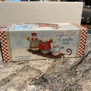 Debbie Mumm Snowman Candle Set - Festive Red, Blue, and White NIB vintage